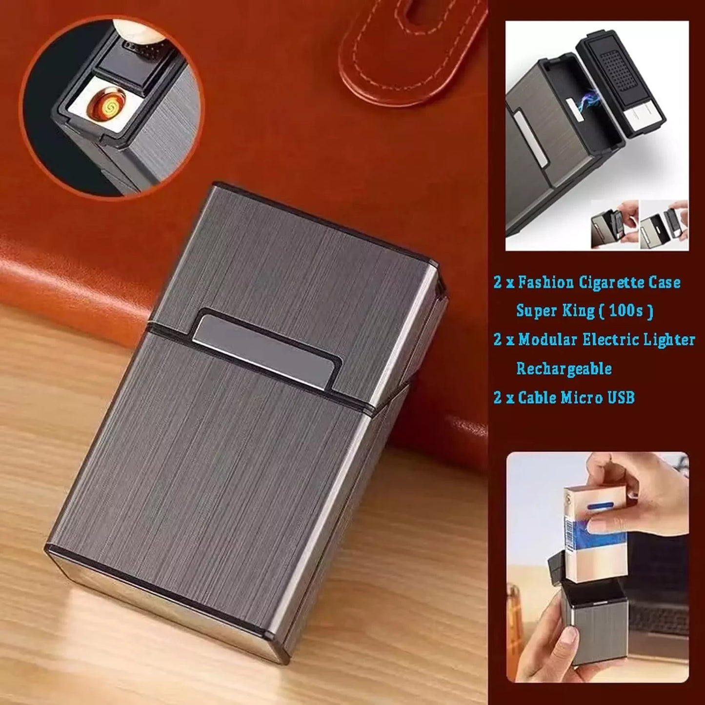 Cigarette Case with Lighter 100'S King Size 20Pcs Cigarettes 2 Pack Rechargeable