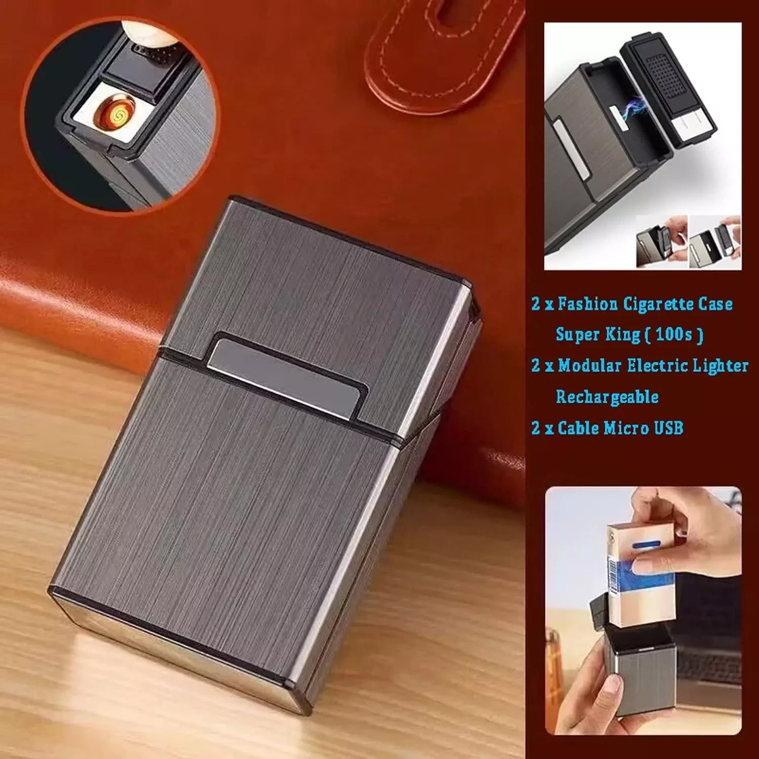 Cigarette Case with Lighter 100'S King Size 20Pcs Cigarettes 2 Pack Rechargeable