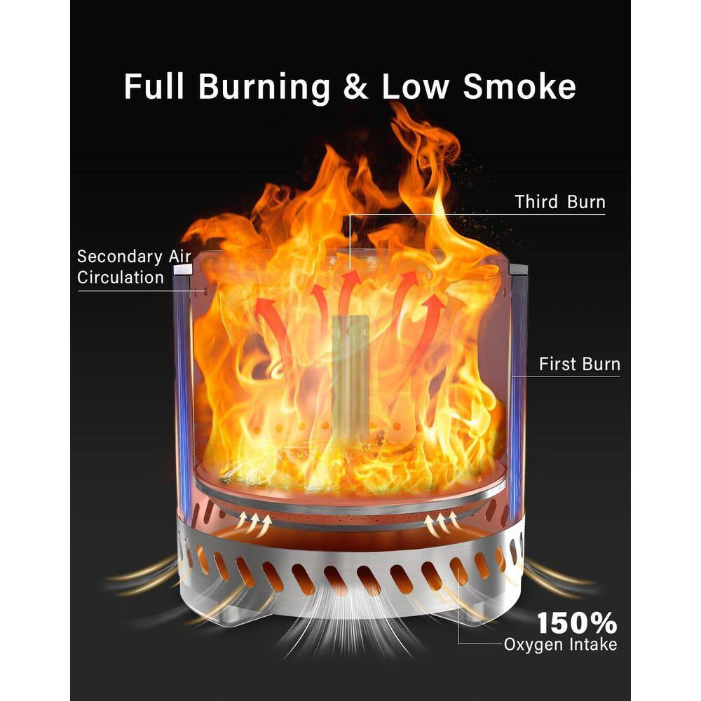 15 In. Black Stainless Steel Smokeless Wood Burning Patio Fire Pit with Removable Ash Pan and Stand and Travel Bag