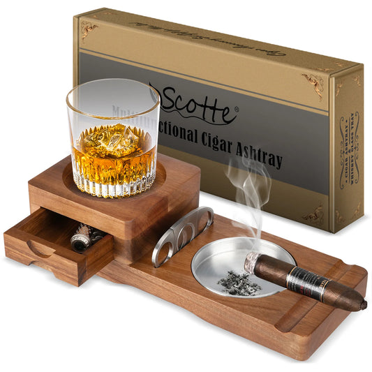 Cigar Ashtray for Men, Whiskey Glass Tray, Wooden Ash Tray, Cigar Cutter, Include Drawer, Cigar Slot, Accessories
