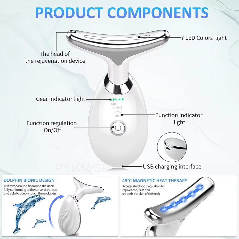 EMS Neck Facial Massager Lift Seven Colours LED Photon Therapy Vibration Face Beautify anti Wrinkles Tightening Skin Care Device