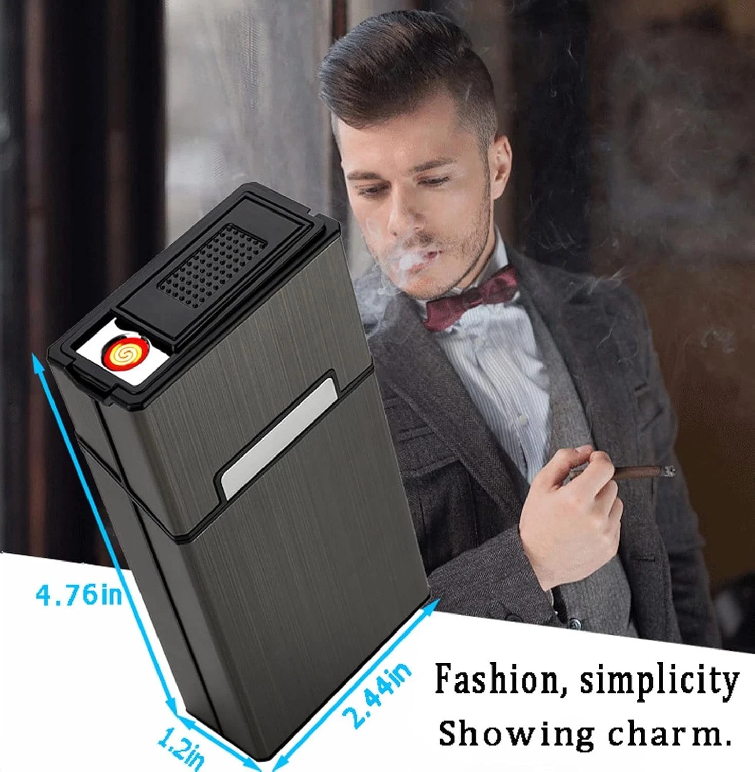 Cigarette Case with Lighter 100'S King Size 20Pcs Cigarettes 2 Pack Rechargeable
