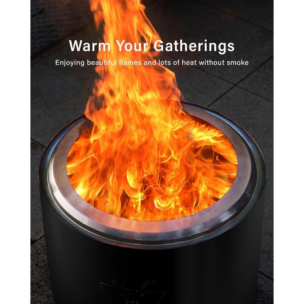 15 In. Black Stainless Steel Smokeless Wood Burning Patio Fire Pit with Removable Ash Pan and Stand and Travel Bag