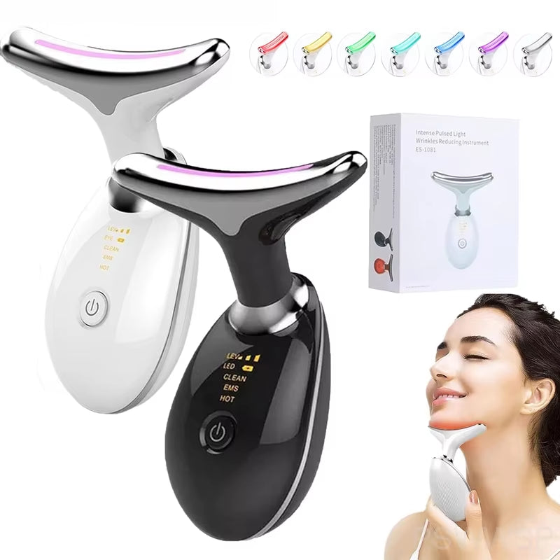 EMS Neck Facial Massager Lift Seven Colours LED Photon Therapy Vibration Face Beautify anti Wrinkles Tightening Skin Care Device