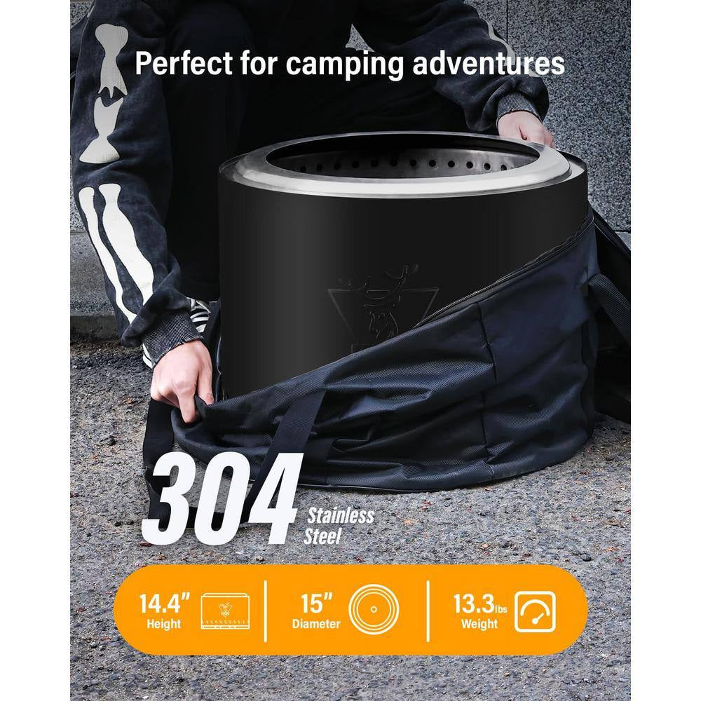 15 In. Black Stainless Steel Smokeless Wood Burning Patio Fire Pit with Removable Ash Pan and Stand and Travel Bag