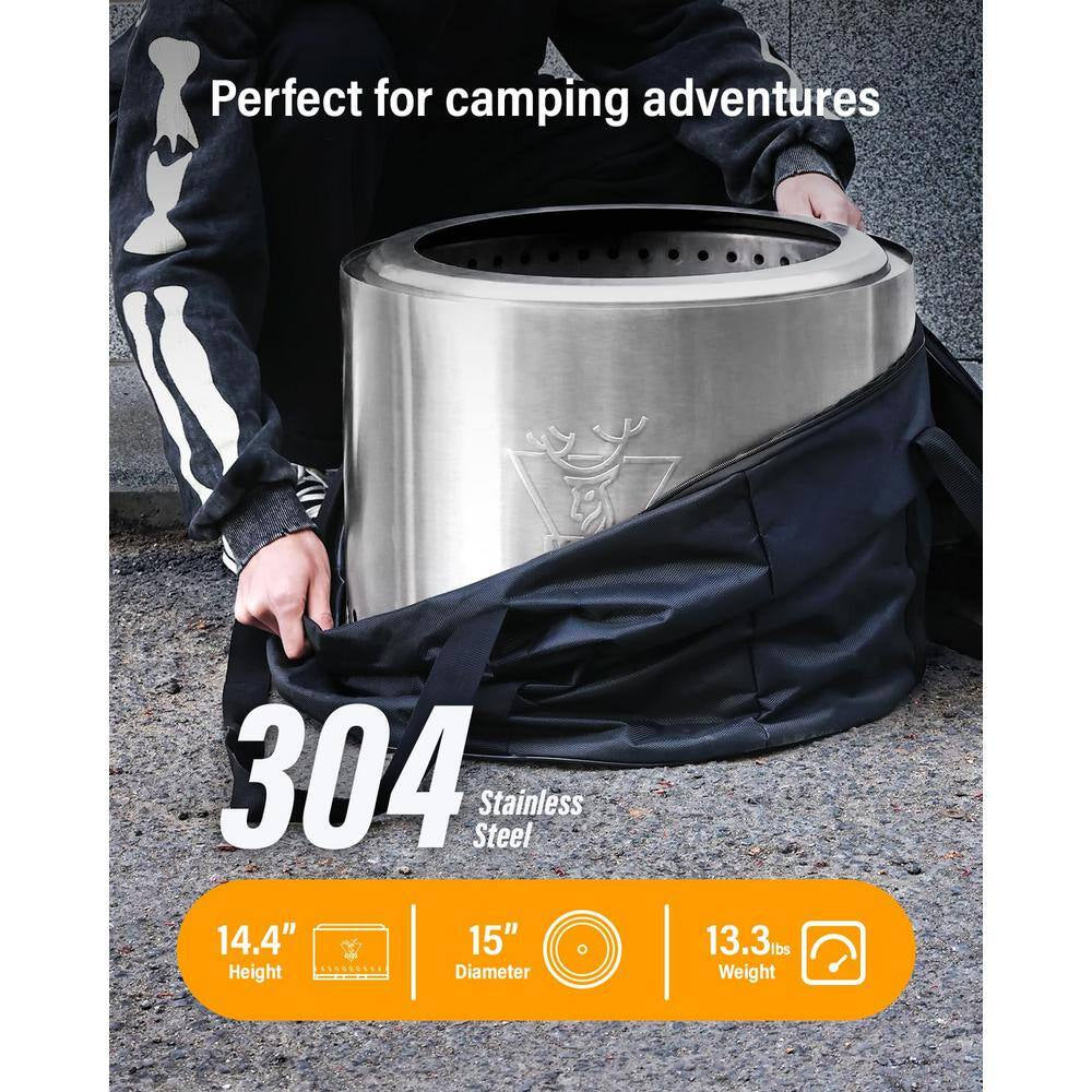 15 In. Stainless Steel Smokeless Wood Burning Patio Fire Pit for Outdoor with Removable Ash Pan and Stand and Travel Bag