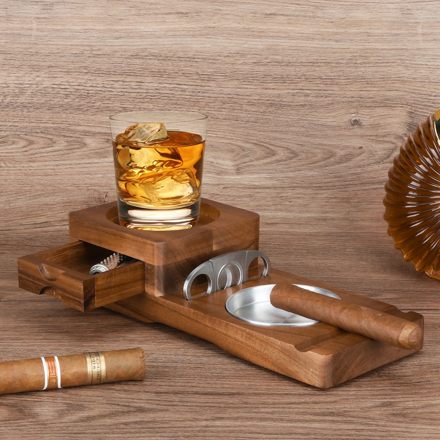 Cigar Ashtray for Men, Whiskey Glass Tray, Wooden Ash Tray, Cigar Cutter, Include Drawer, Cigar Slot, Accessories