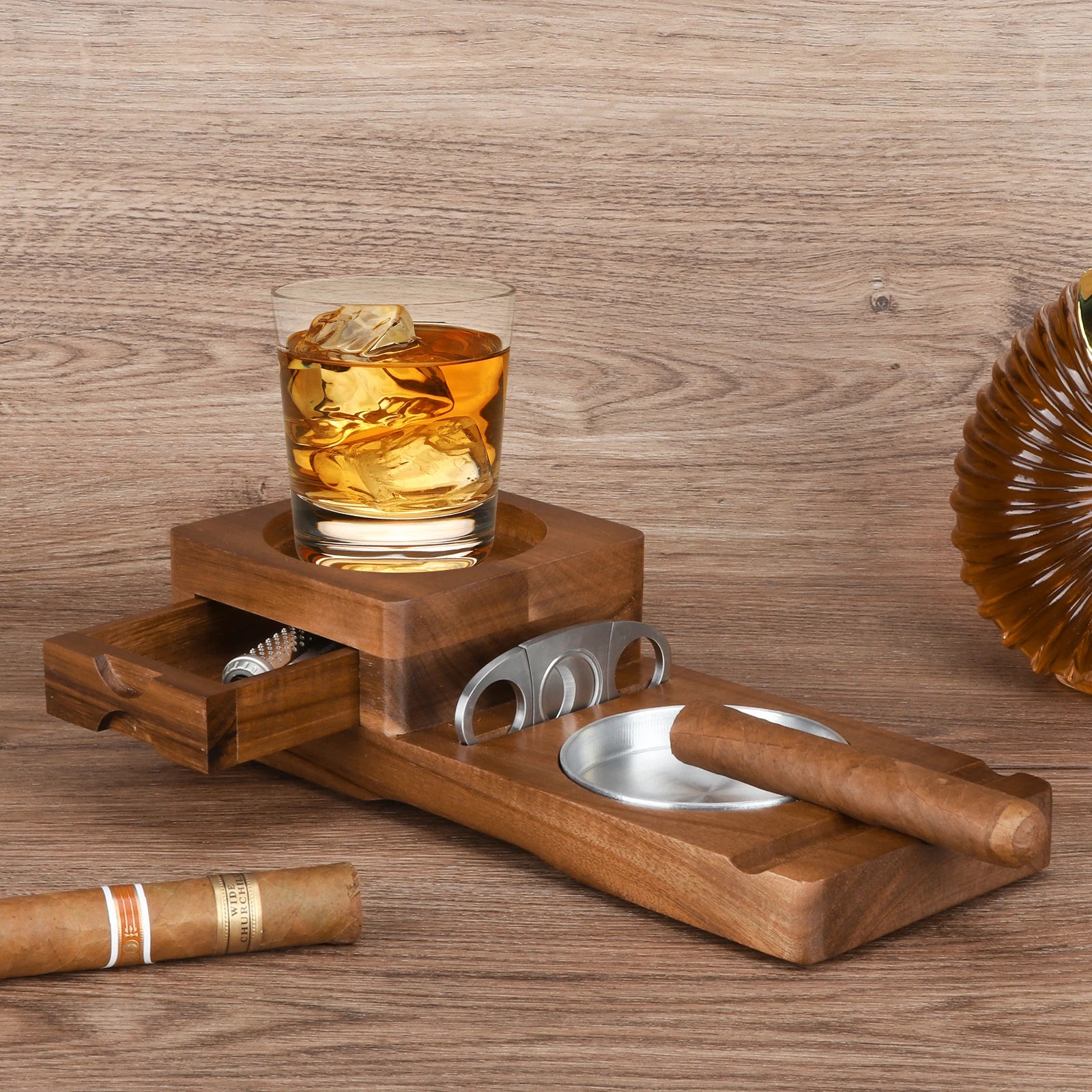Cigar Ashtray for Men, Whiskey Glass Tray, Wooden Ash Tray, Cigar Cutter, Include Drawer, Cigar Slot, Accessories