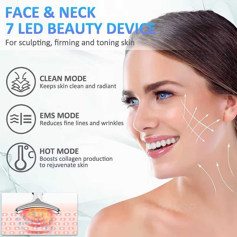 EMS Neck Facial Massager Lift Seven Colours LED Photon Therapy Vibration Face Beautify anti Wrinkles Tightening Skin Care Device